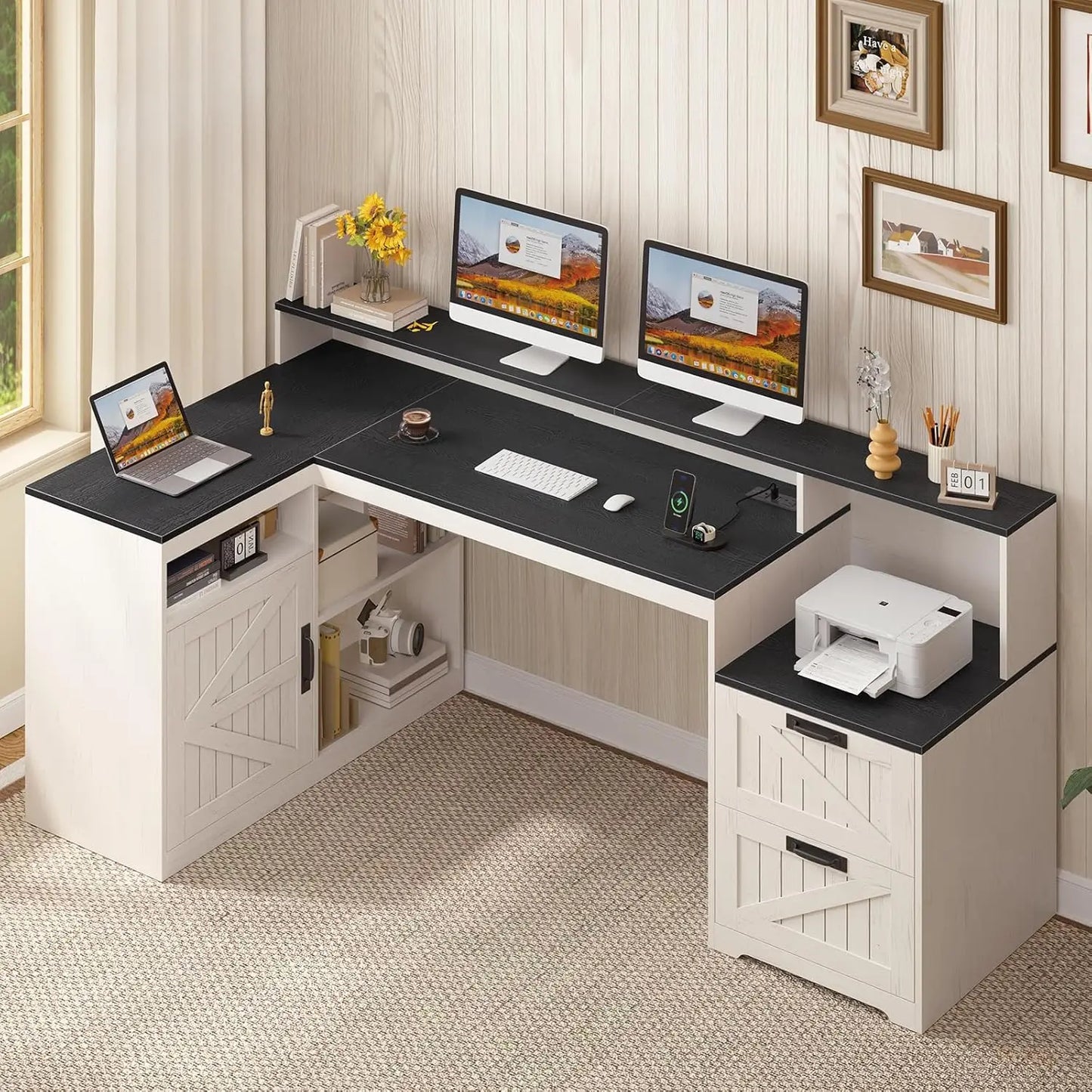 Farmhouse L Shaped Desk With Drawers And Storage Power Outlet