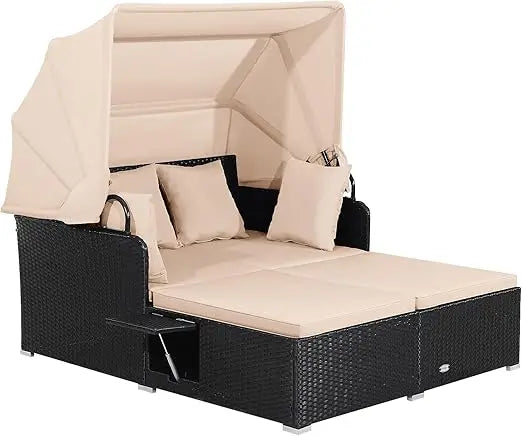 Patio Rattan Daybed Wicker Lounger With Retractable Canopy Cushions