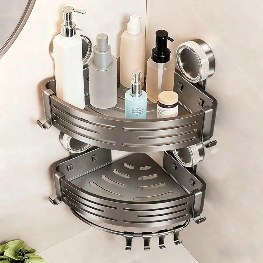 Suction Cup Shower Corner Shelf Wall Mount Organizer With Hooks