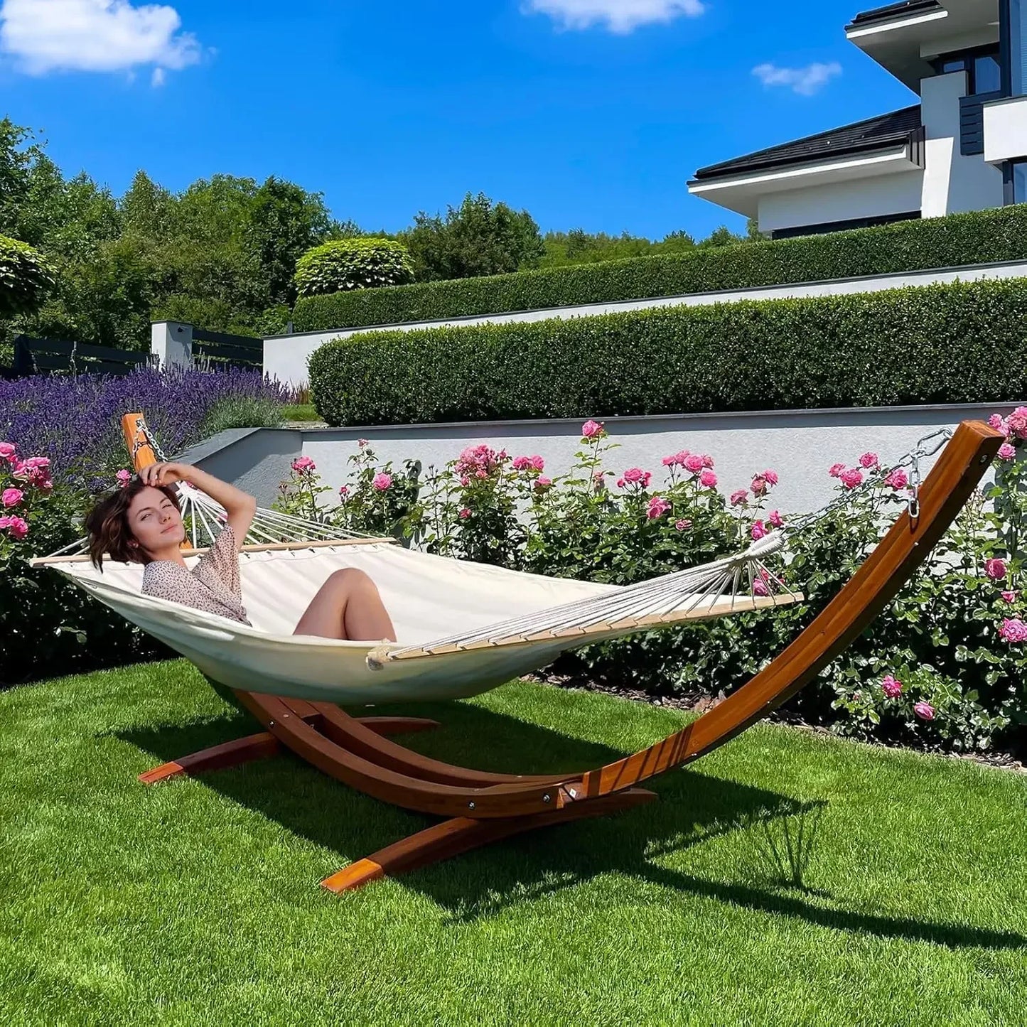ECOTOUGE 14 FT Hammock with Stand, 2 Person Heavy Duty Hammock Stand, Large Hammock Bed for Porch,Patio, Balcony,Garden,Backyard