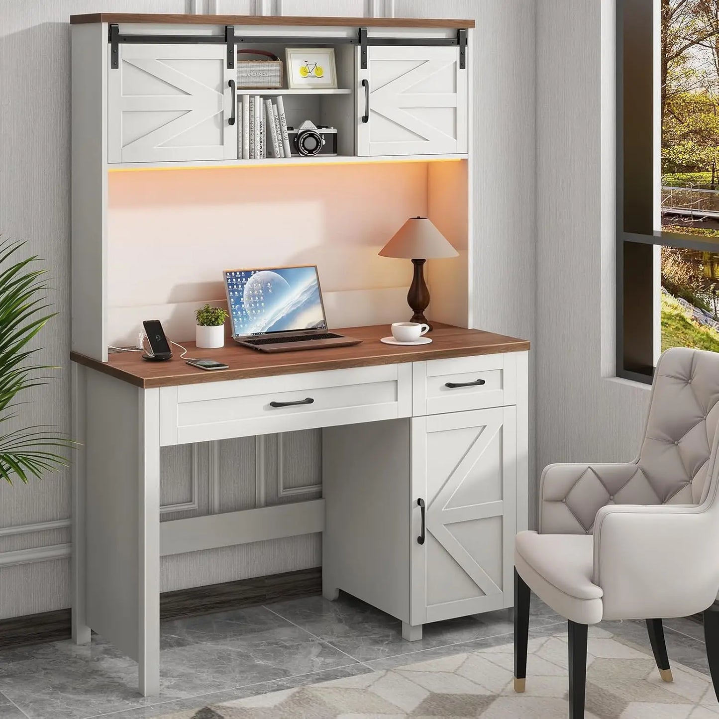 Executive Desk Hutch with LED Light 5 Drawers Charging Station
