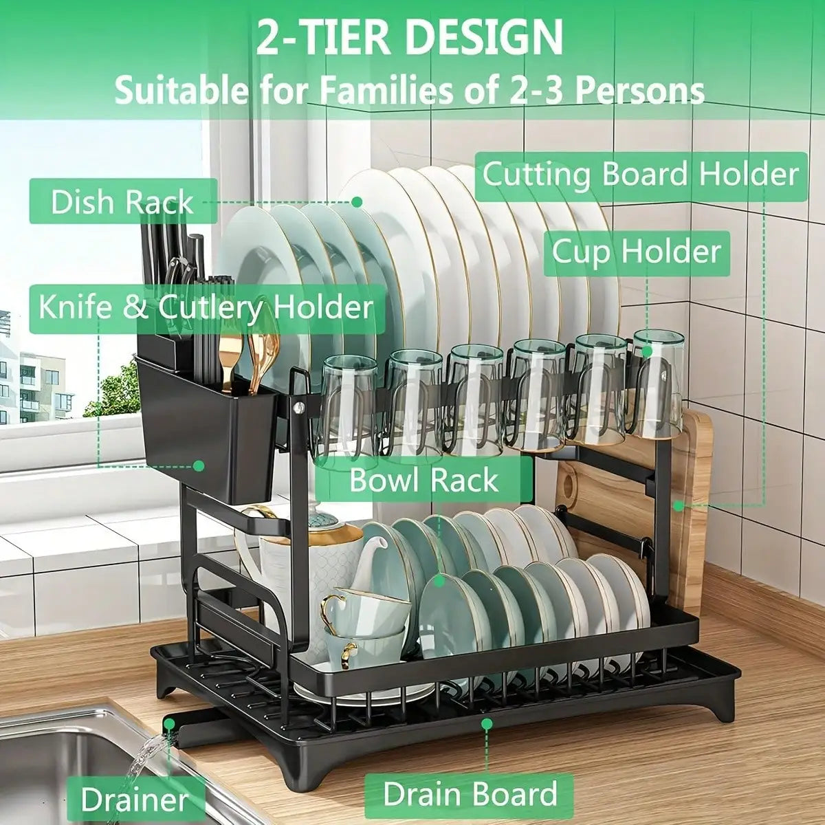 Dish Drying Rack, 2 Tier Large Dish Drying Rack For Kitchen Counter With Drainboard Stainless Steel Dish Drainer For Dish/Knifes