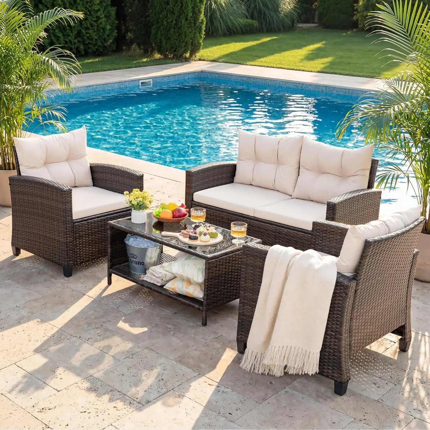 4-Piece Patio Furniture Set, All-Weather PE Rattan Outdoor Conversation Set with Thick Cushions & Glass Coffee Table,, Custom