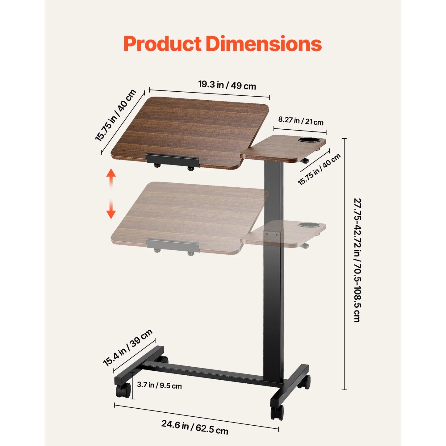 SucceBuy Overbed Table Mobile Bed Side Table with Swivel Casters Height & Angle Adjustable Laptop Desk for Home Office Study