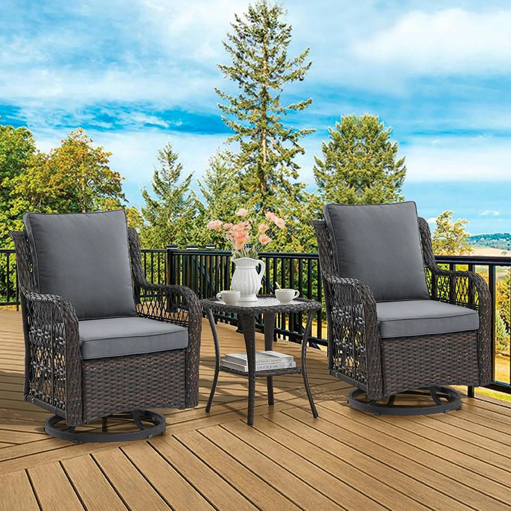 HiMISS 3-Piece Wicker Swivel Rocking Patio Set With Glass Table