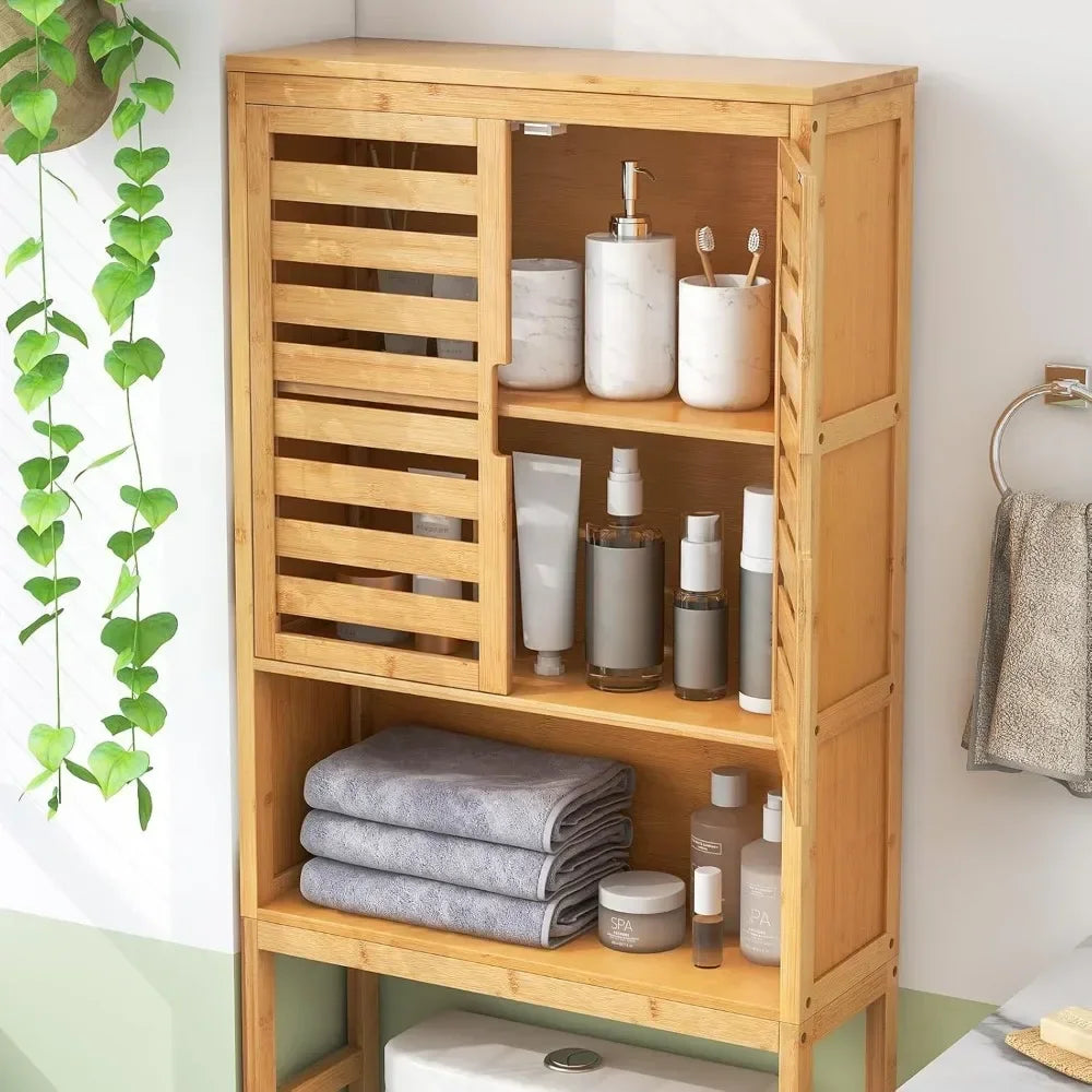 Bamboo Freestanding Bathroom Shelf With Doors And Open Storage