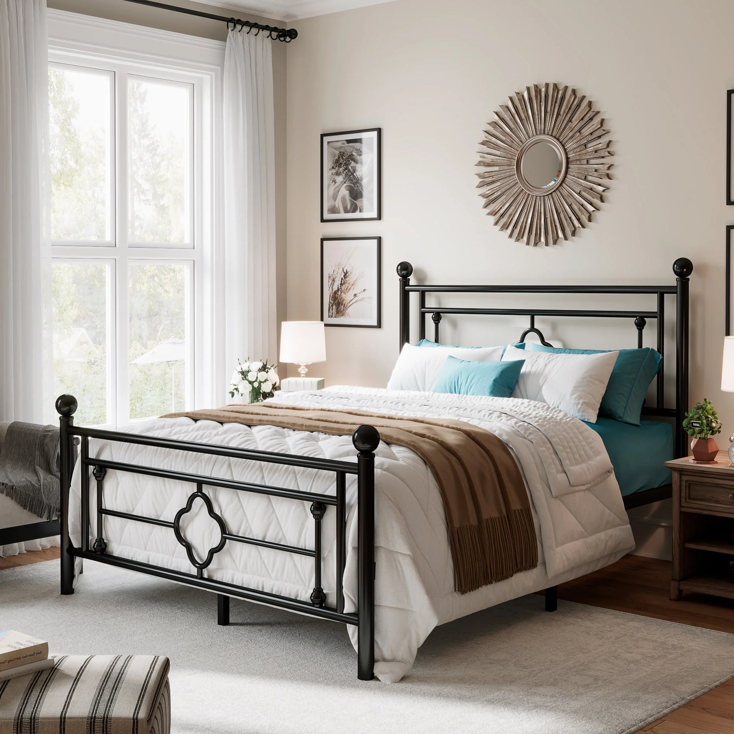 HOOMIC Metal Platform Bed Frame With Wrought Iron Headboard