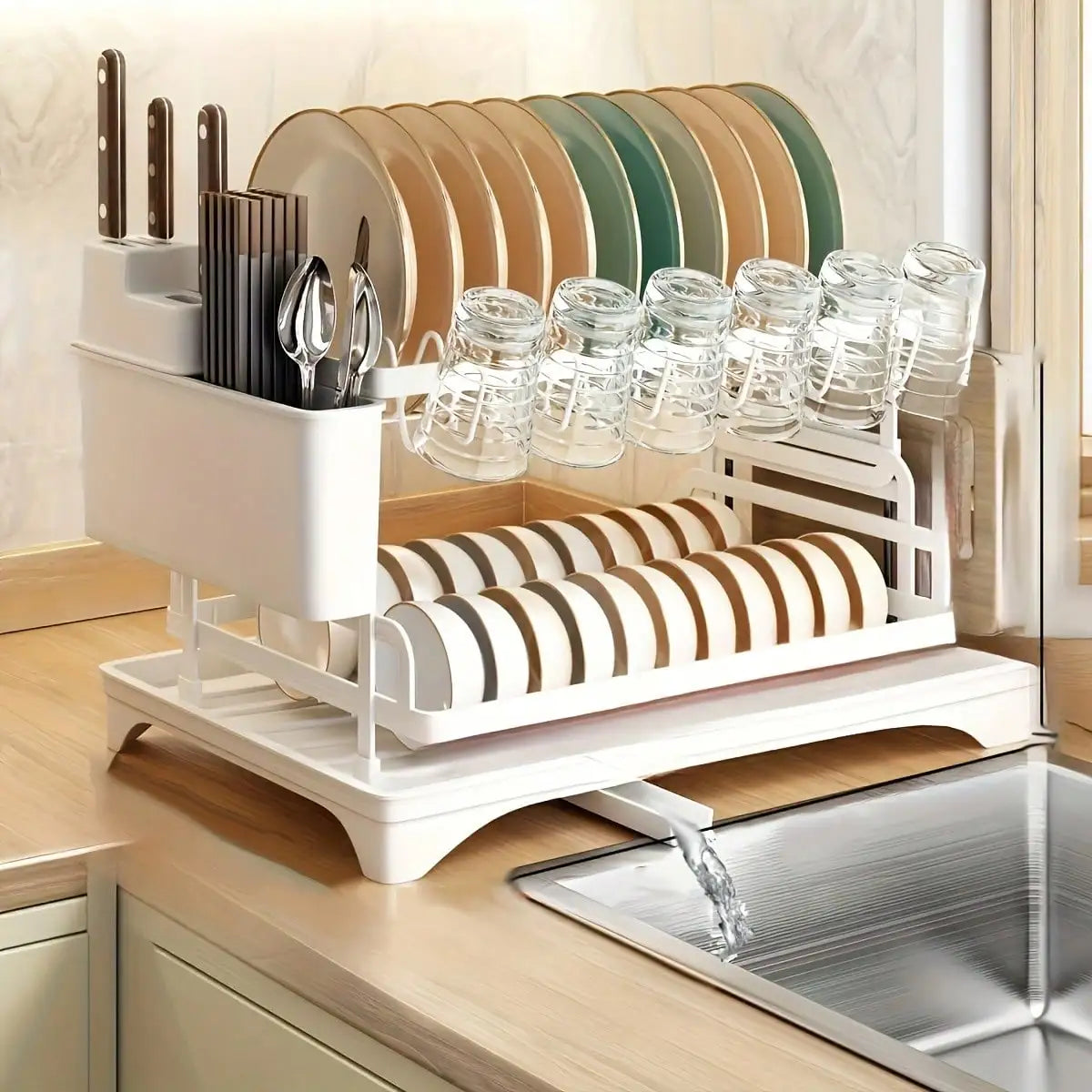 Dish Drying Rack, 2 Tier Large Dish Drying Rack For Kitchen Counter With Drainboard Stainless Steel Dish Drainer For Dish/Knifes