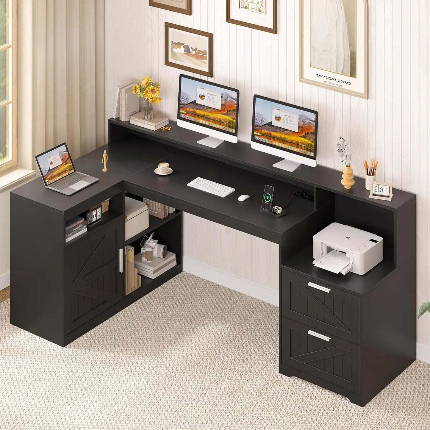 Farmhouse L Shaped Desk With Drawers And Storage Power Outlet