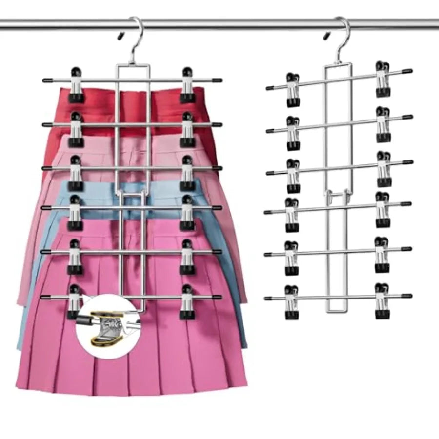 Skirt Pants Hangers with Clips for Dorm Room Closet Organization: Steel, Black, Space-Saving 6-Tier Design with 60 Swivel Hook