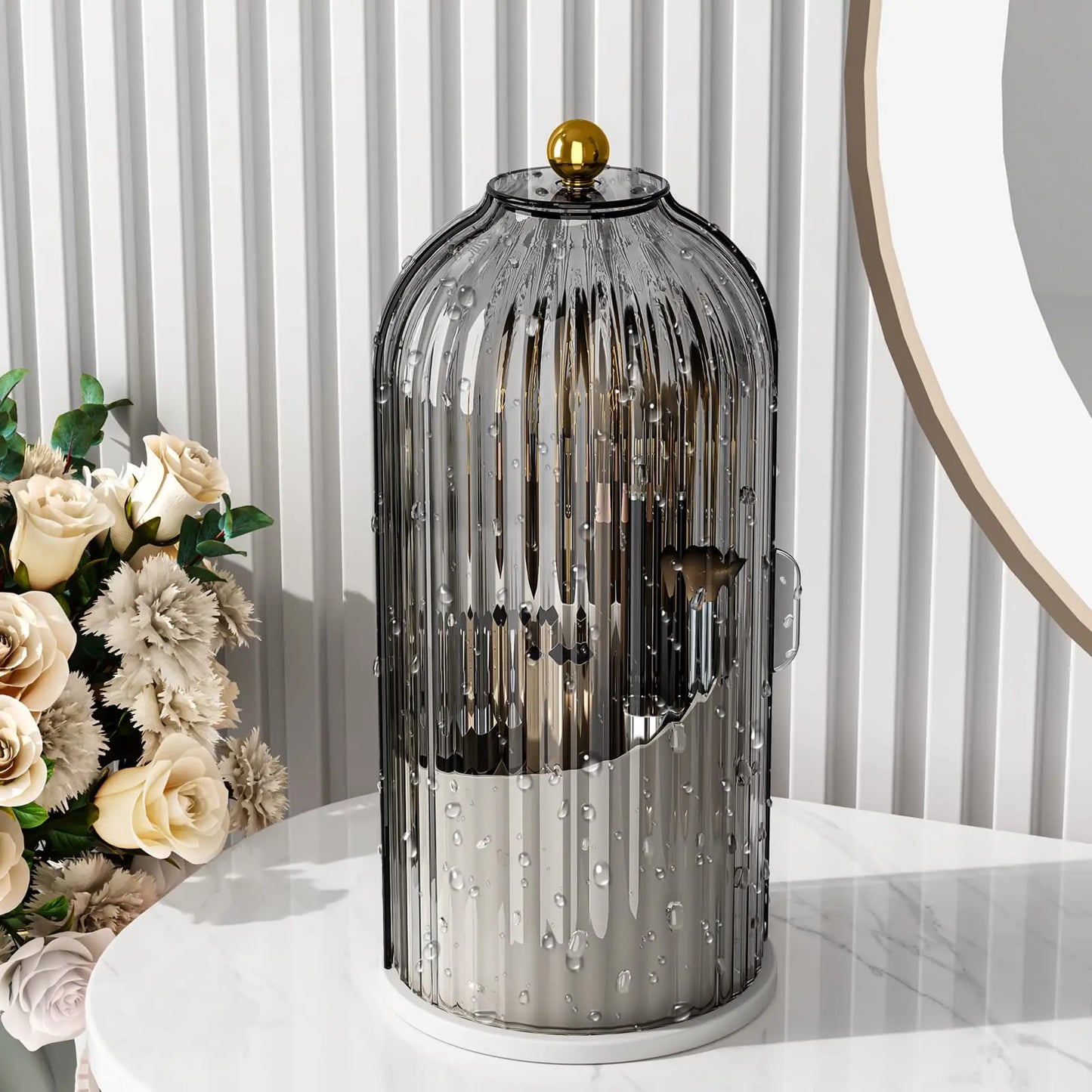 Rotating Makeup Brush Organizer With Dustproof Lid For Vanity Table