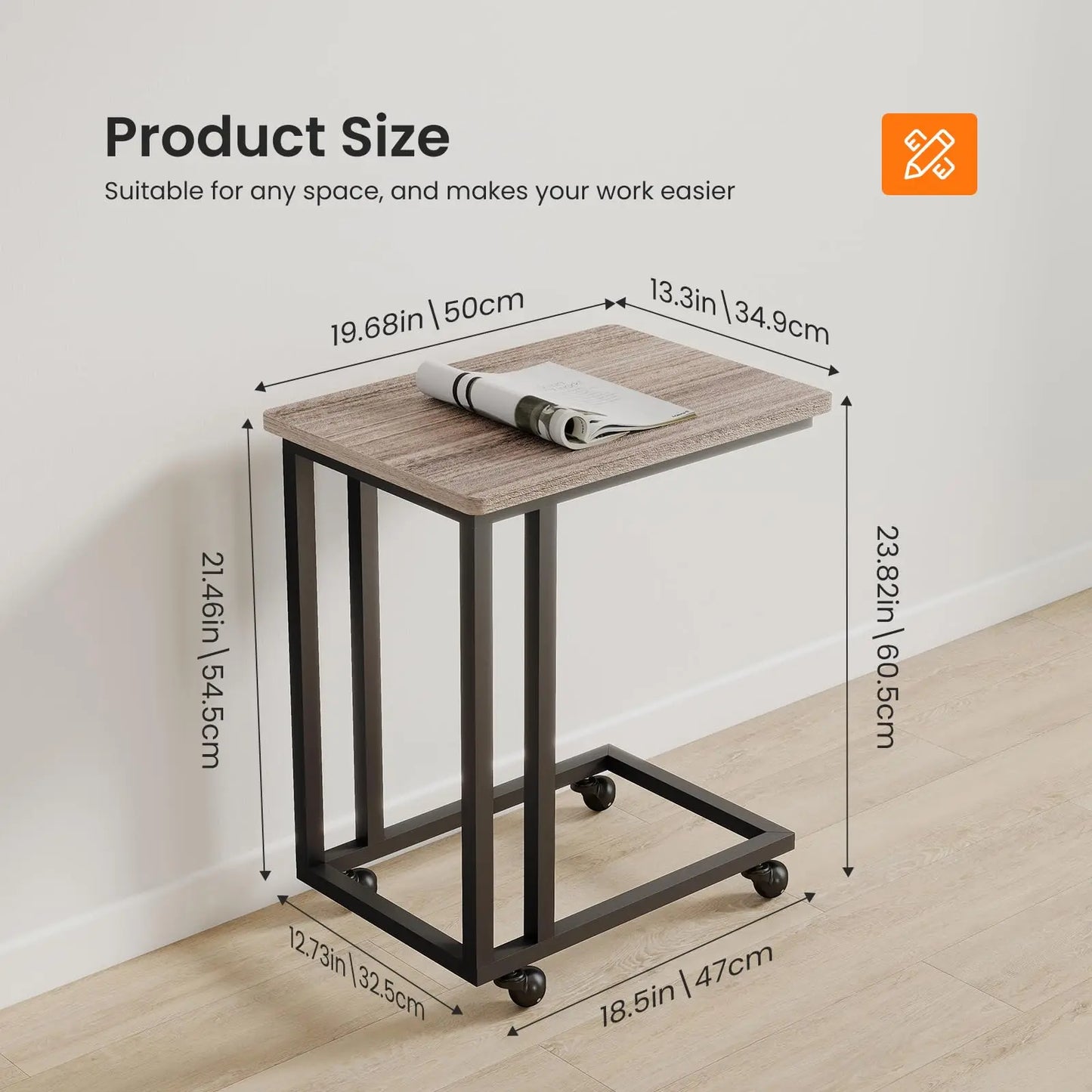 JHK Wood Sofa Table Overbed Bedside Desk With Rolling Wheels Metal Frame