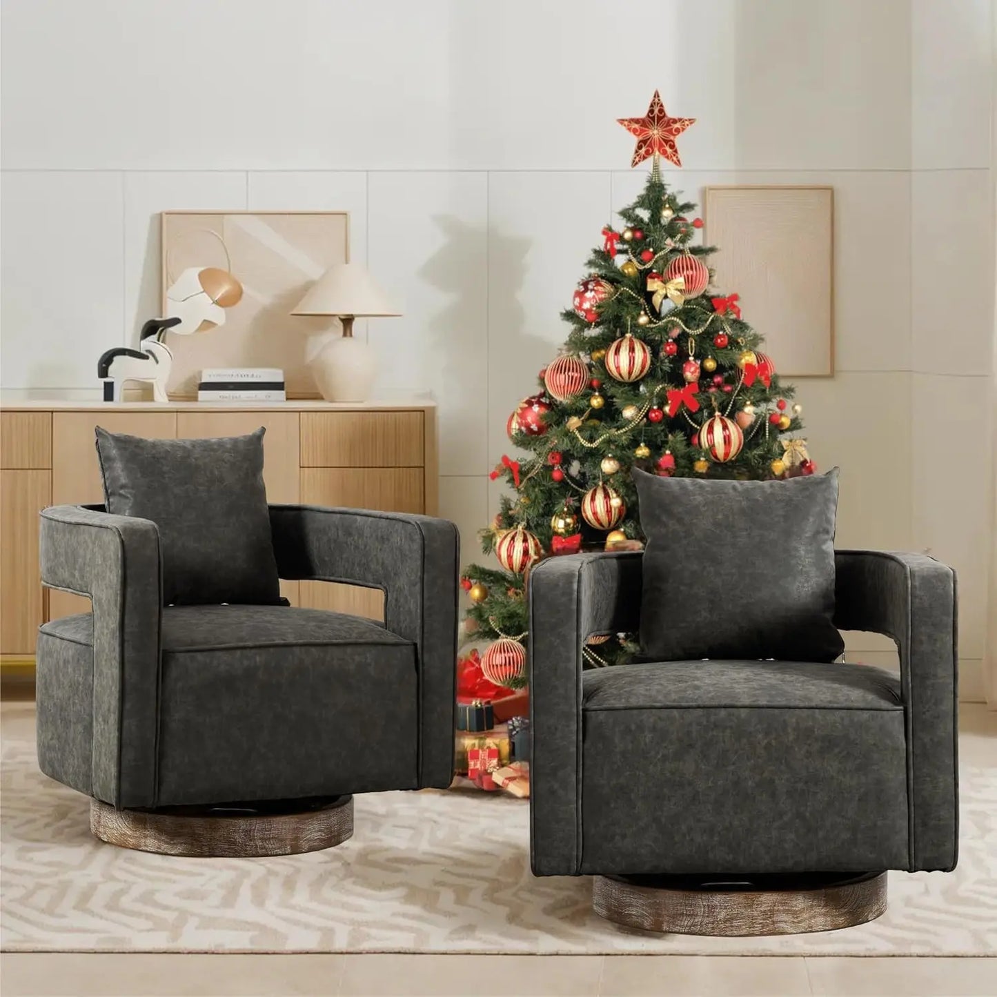 Upholstered Swivel Accent Chair Set Open Back Barrel Chairs
