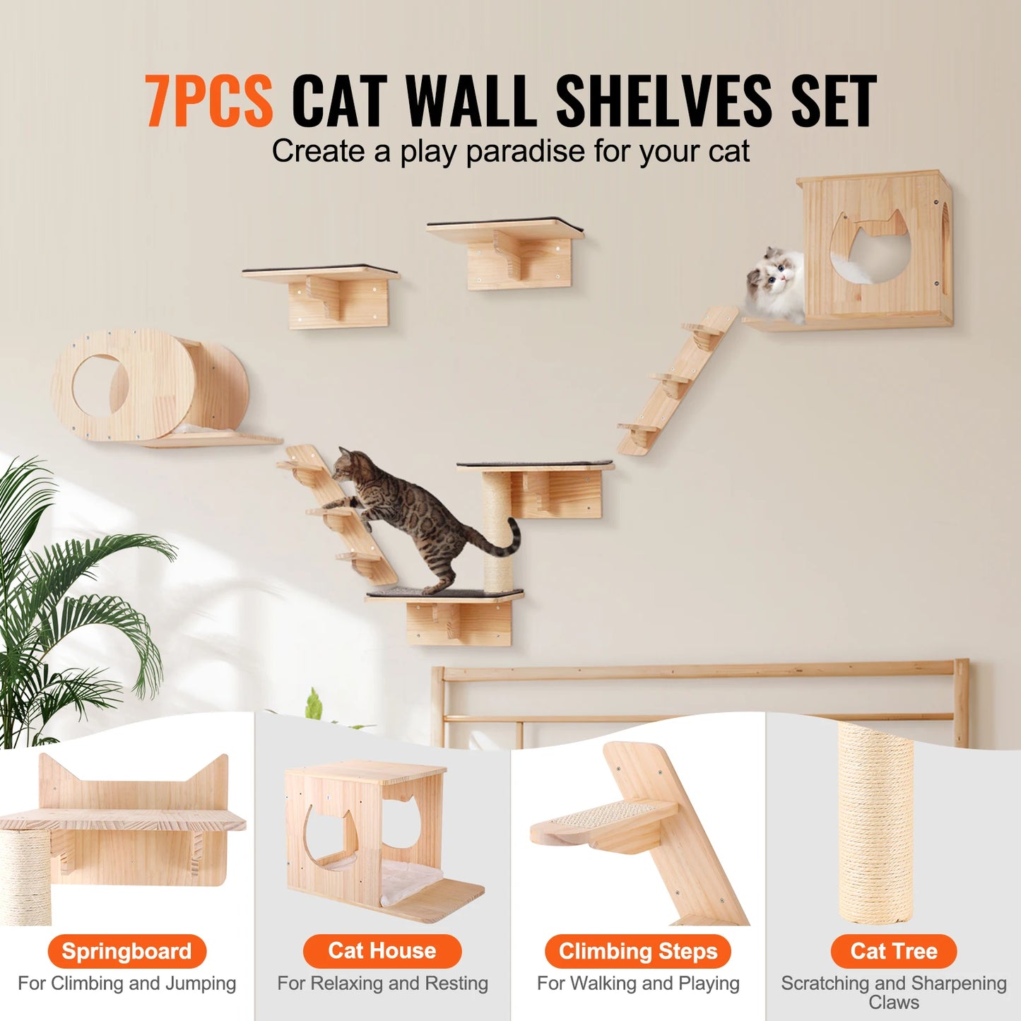 SucceBuy Wall Mounted Cat Shelves and Perches with Jumping Boards