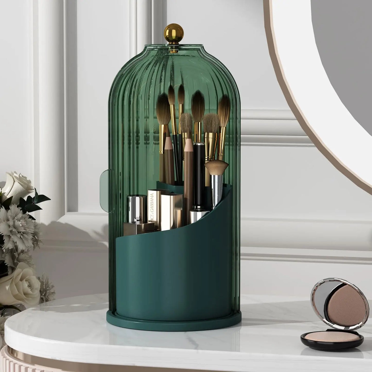 Rotating Makeup Brush Organizer With Dustproof Lid For Vanity Table