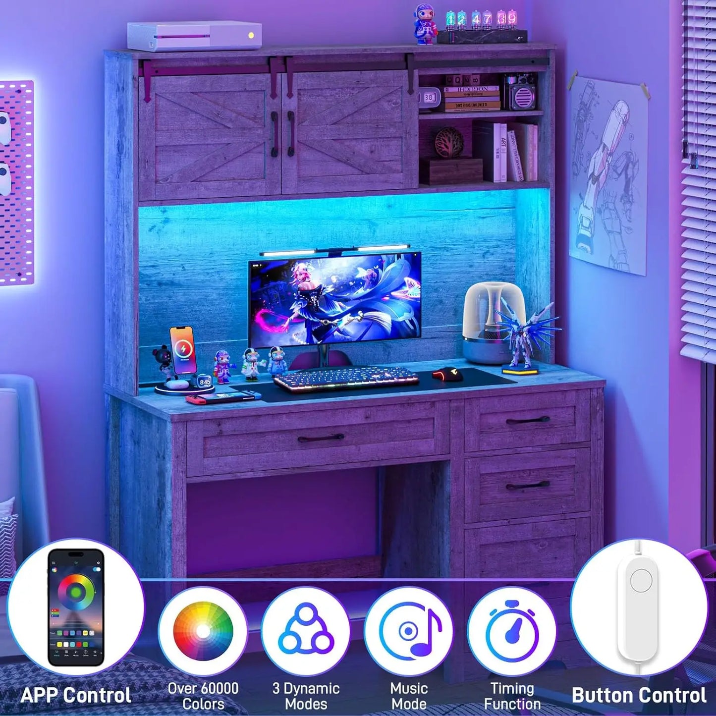 Executive Desk Hutch with LED Light 5 Drawers Charging Station