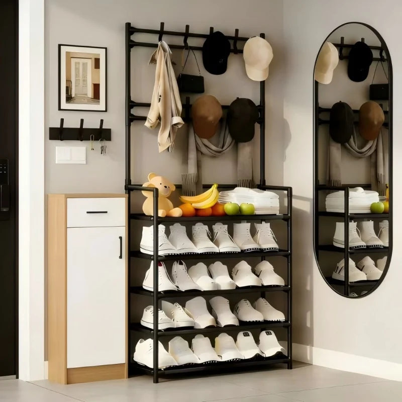 Five Tier Floor Shoe Rack Featuring Coat And Hat Hooks